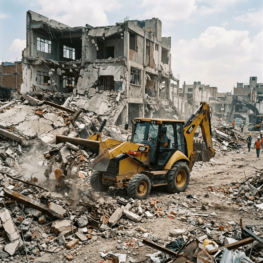 Bulldozer moving rubble near collapsed multi-story building