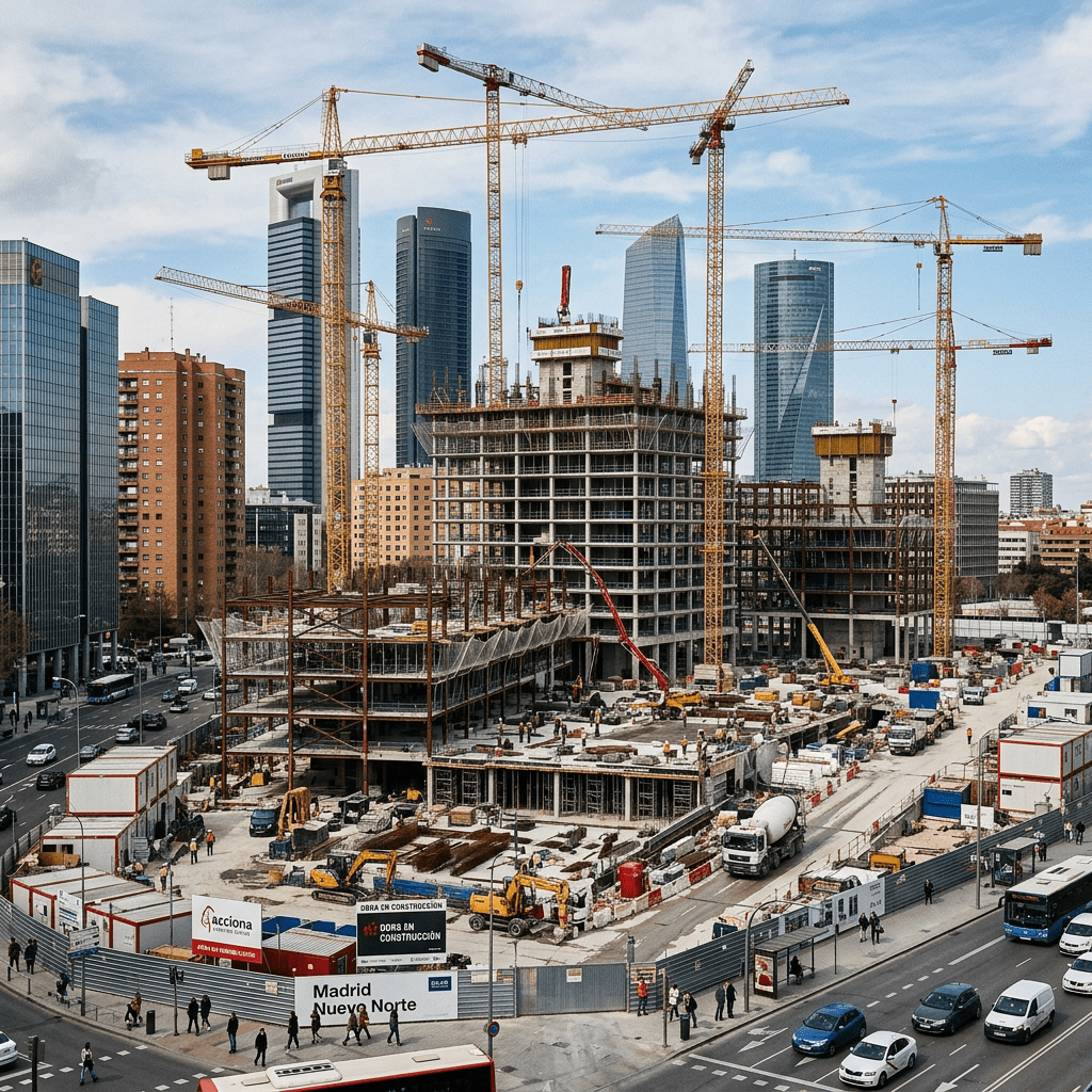 Active construction site with cranes and partially built high-rise buildings in city setting